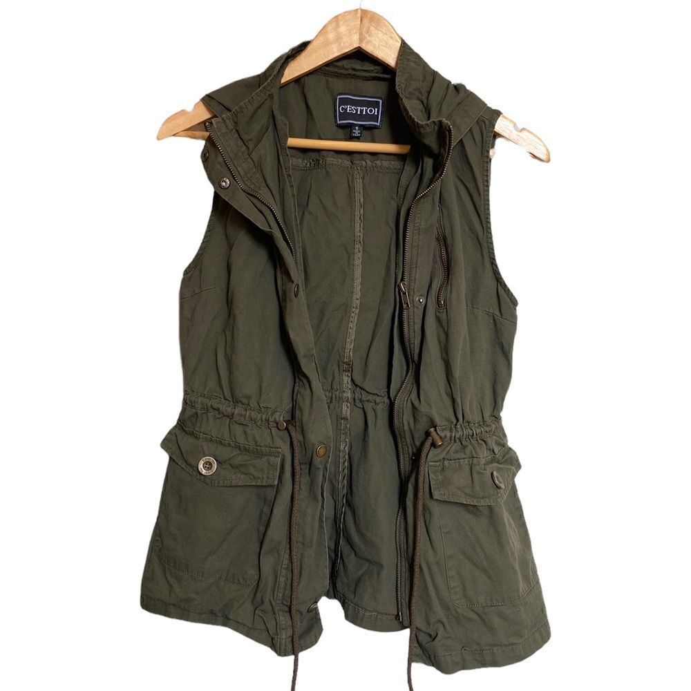 C'esttoi Hooded Adirondak Zip Up Vest Green Size Small - Picture 2 of 5